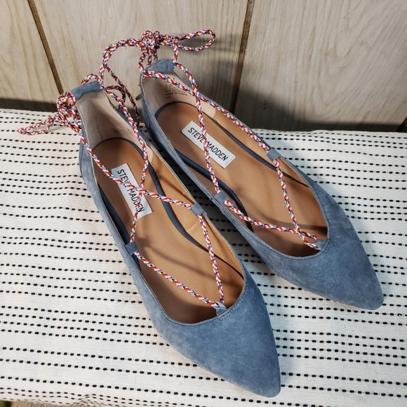 Steve Madden Womens Emilie Ballet Flats Blue Suede Ankle Strap Lace Up Shoes 7.5 - Picture 6 of 8